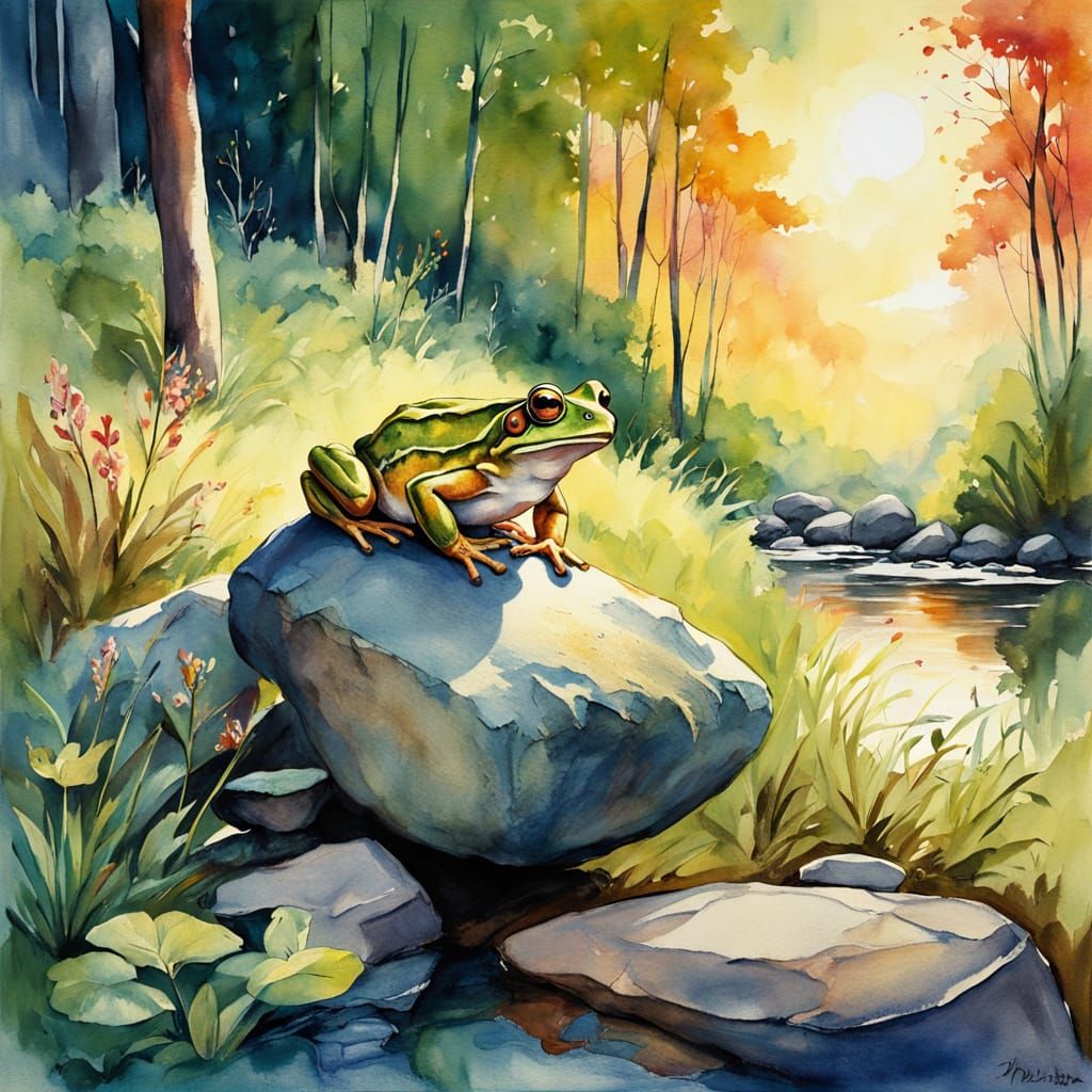Impressionist Watercolor Masterpiece of a Frog in a Lush For...