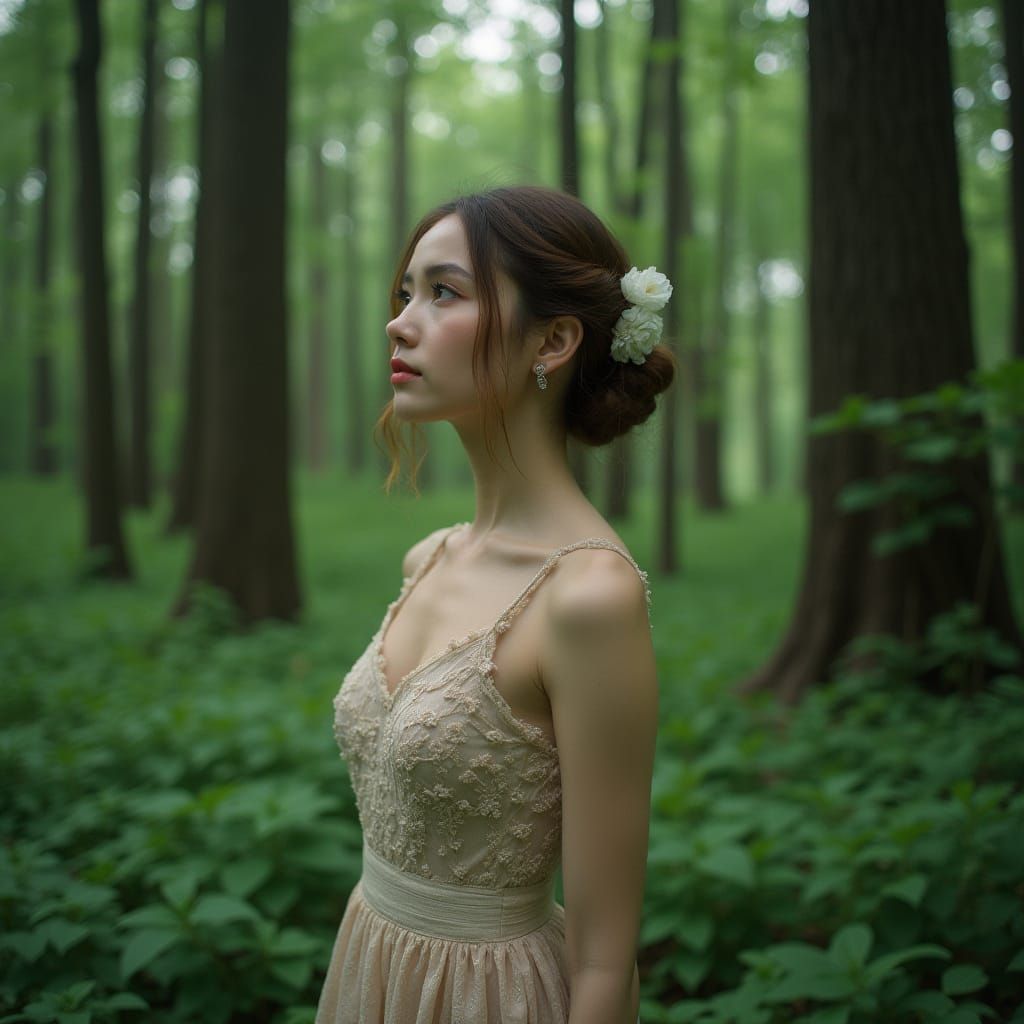 Elegant Woman in Lush Forest, Hyper-Realistic Photo