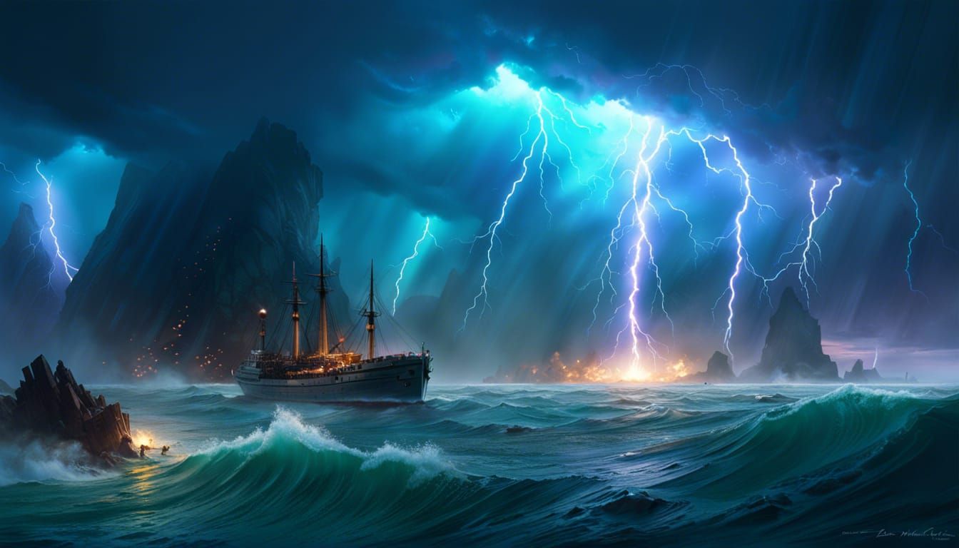 Eerie Cosmic Horror Oceanscape with Lightning
