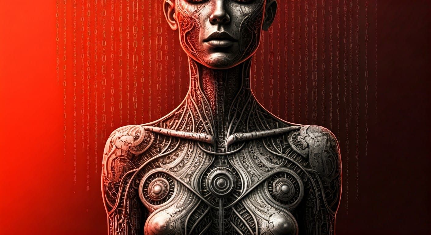 Surreal Binary Goddess in Vibrant Gradient Red