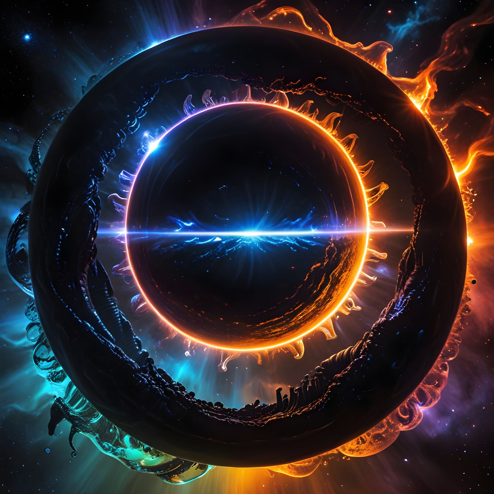 Cyberpunk Cosmic Sun God Confronts Radiant Gas Planet