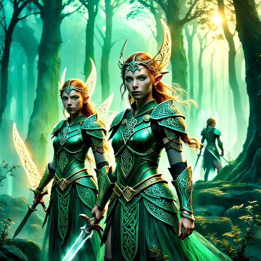 Celtic Warrior Fairies in Misty Forest, Art Nouveau