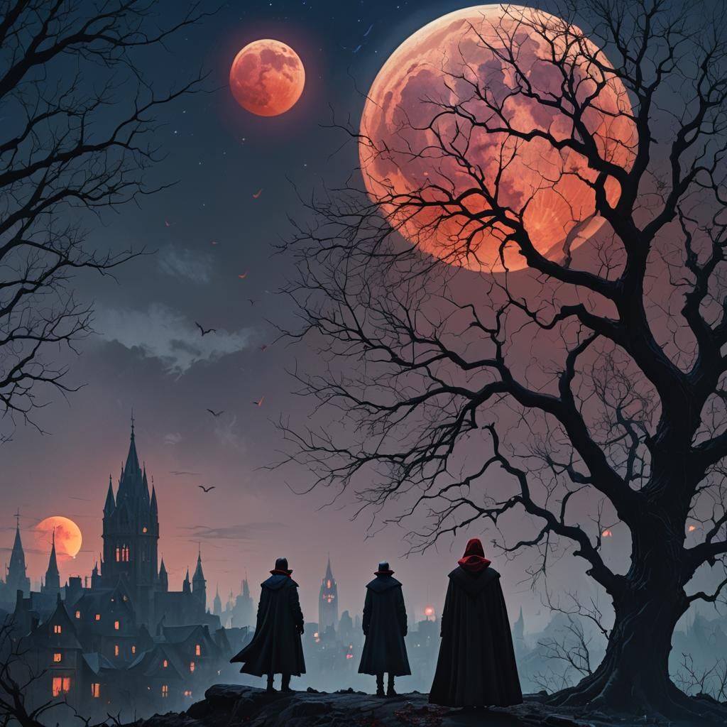 Vampire Gazing at Red Moon in Dark Fantasy Art