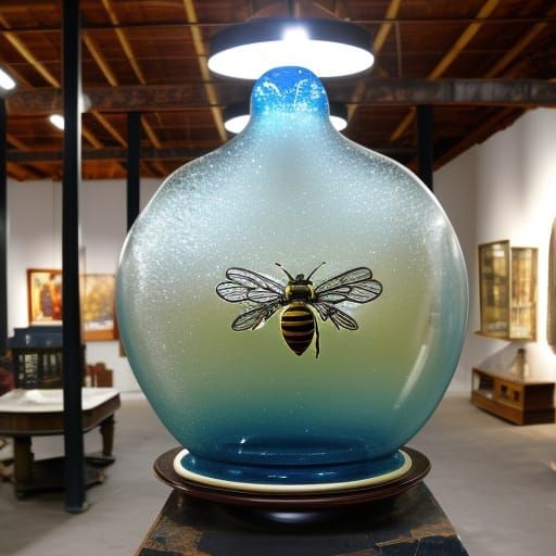 huge bee blown glass sculpture, among many antiques