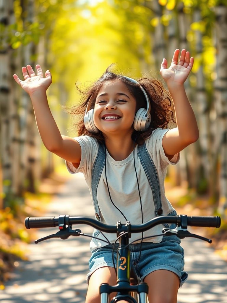 Joyful Girl Rides Bike Through Whimsical Birch Forest