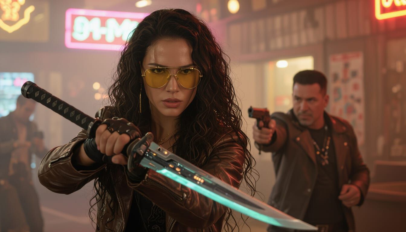Cyberpunk Woman Awaits Combat in Bar Shootout