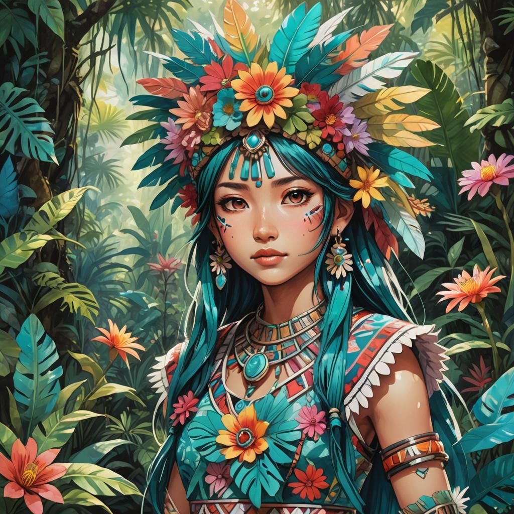Aztec Girl in Jungle, Vibrant Anime Style