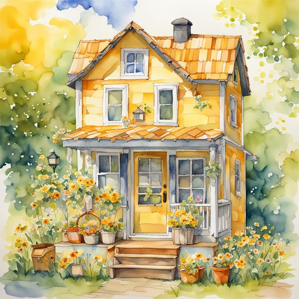 Yellow Tiny House in Studio Ghibli Watercolor