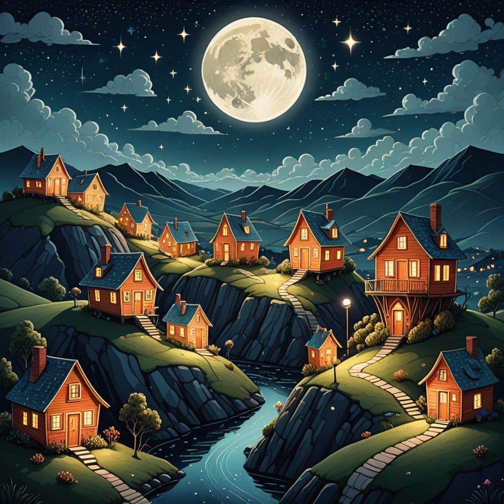Whimsical Houses on Floating Hills Under Starry Night