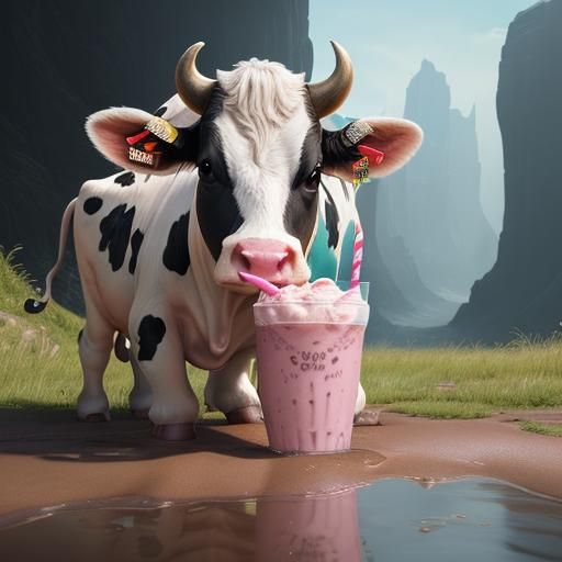 Cow Sipping Milkshake: Detailed Matte Painting
