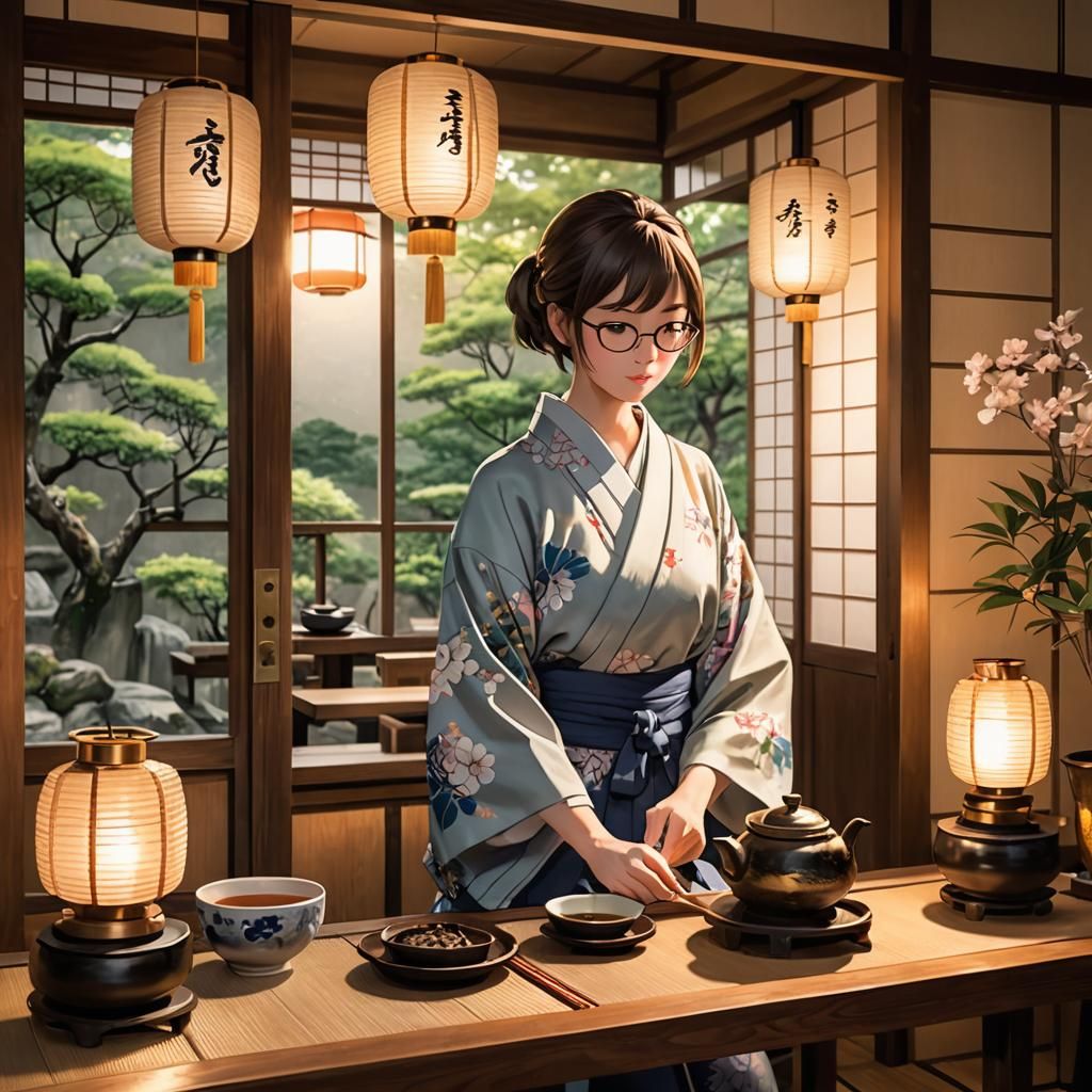 Anime Woman Prepares Tea in Japanese Tea House