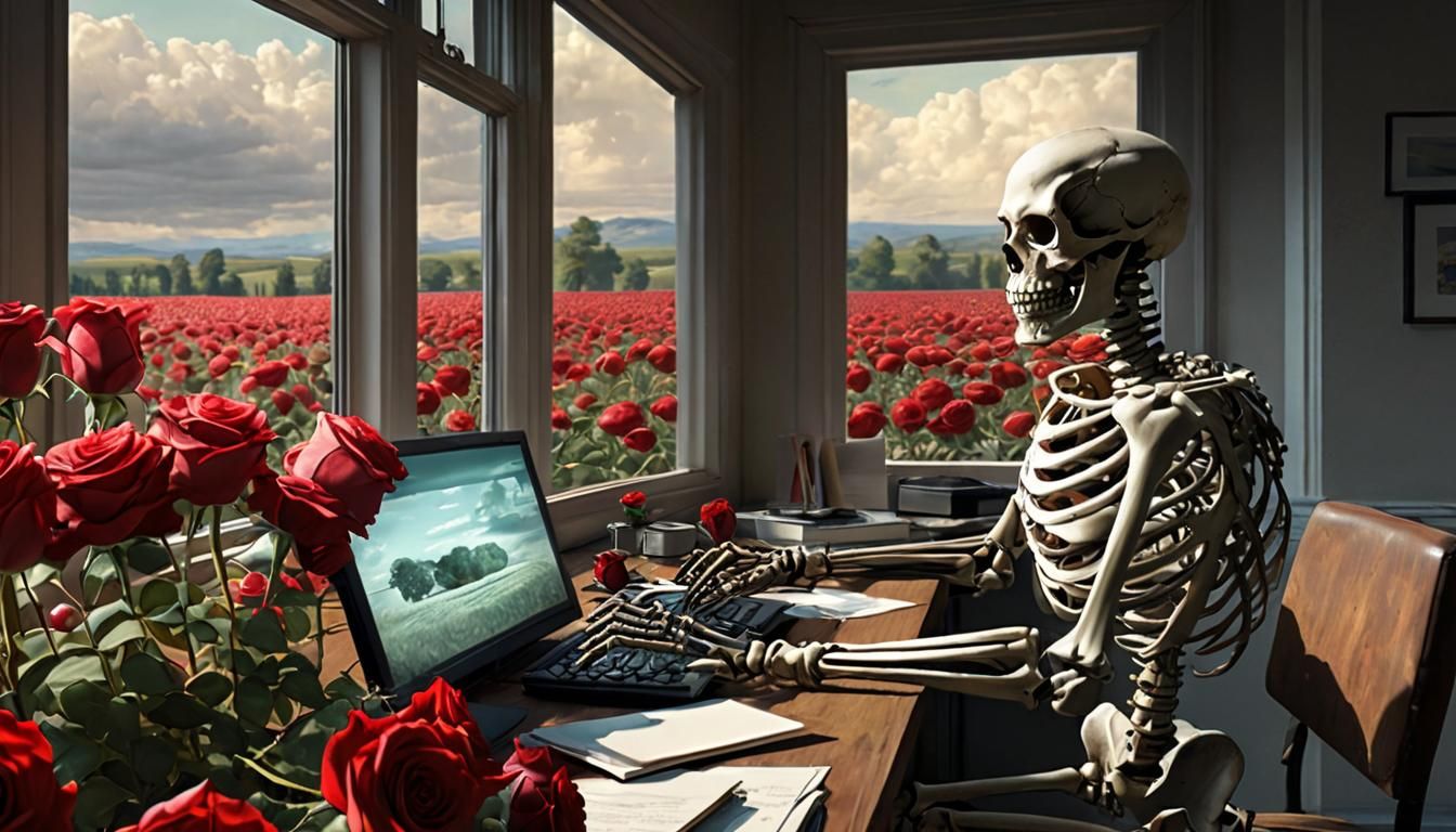 Skeleton at Desk Gazing at Roses, Sinister Art