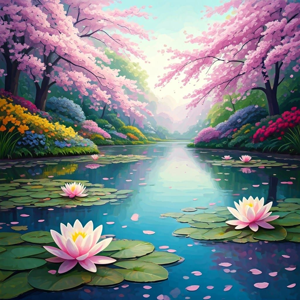Pink Lilies and Cherry Trees in Impressionist Style