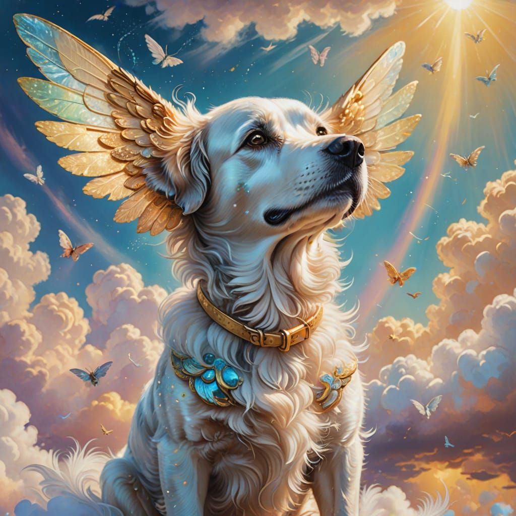 Dog with Wings in Dreamy Fantasy Landscape