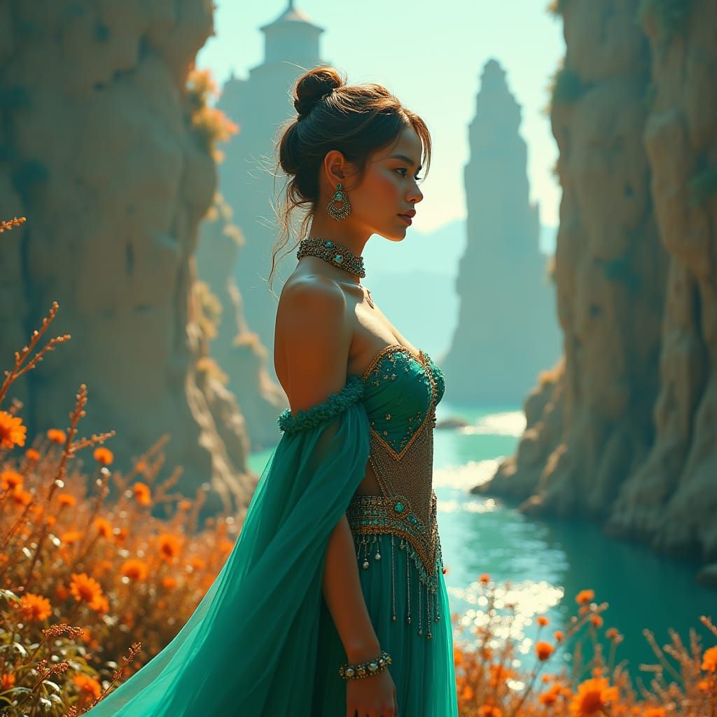 Enchanting Woman in Ethereal Landscape, Digital Art