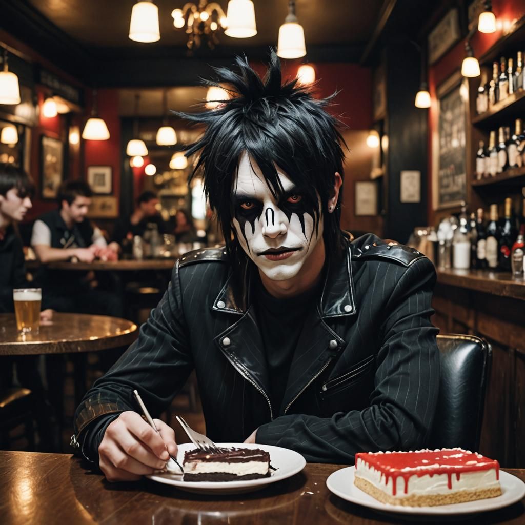 Emo Man in Pub Eating Cake: Cinematic Film Still