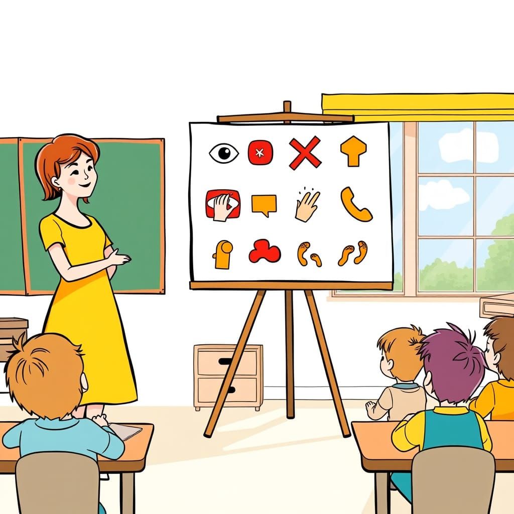 Kind Teacher in Vibrant Ukrainian Classroom with Colorful Ic...