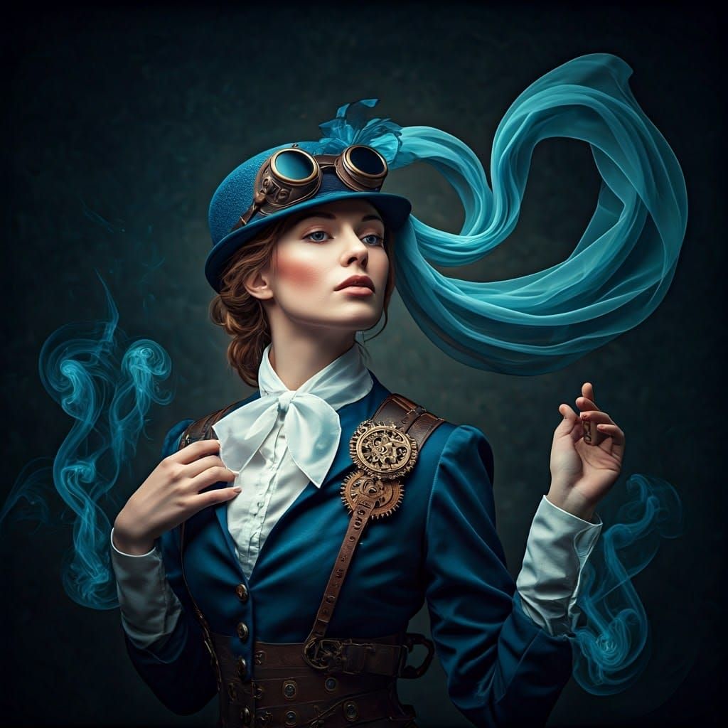 Dreamy Steampunk Goddess with Fluttering Veil and Gears