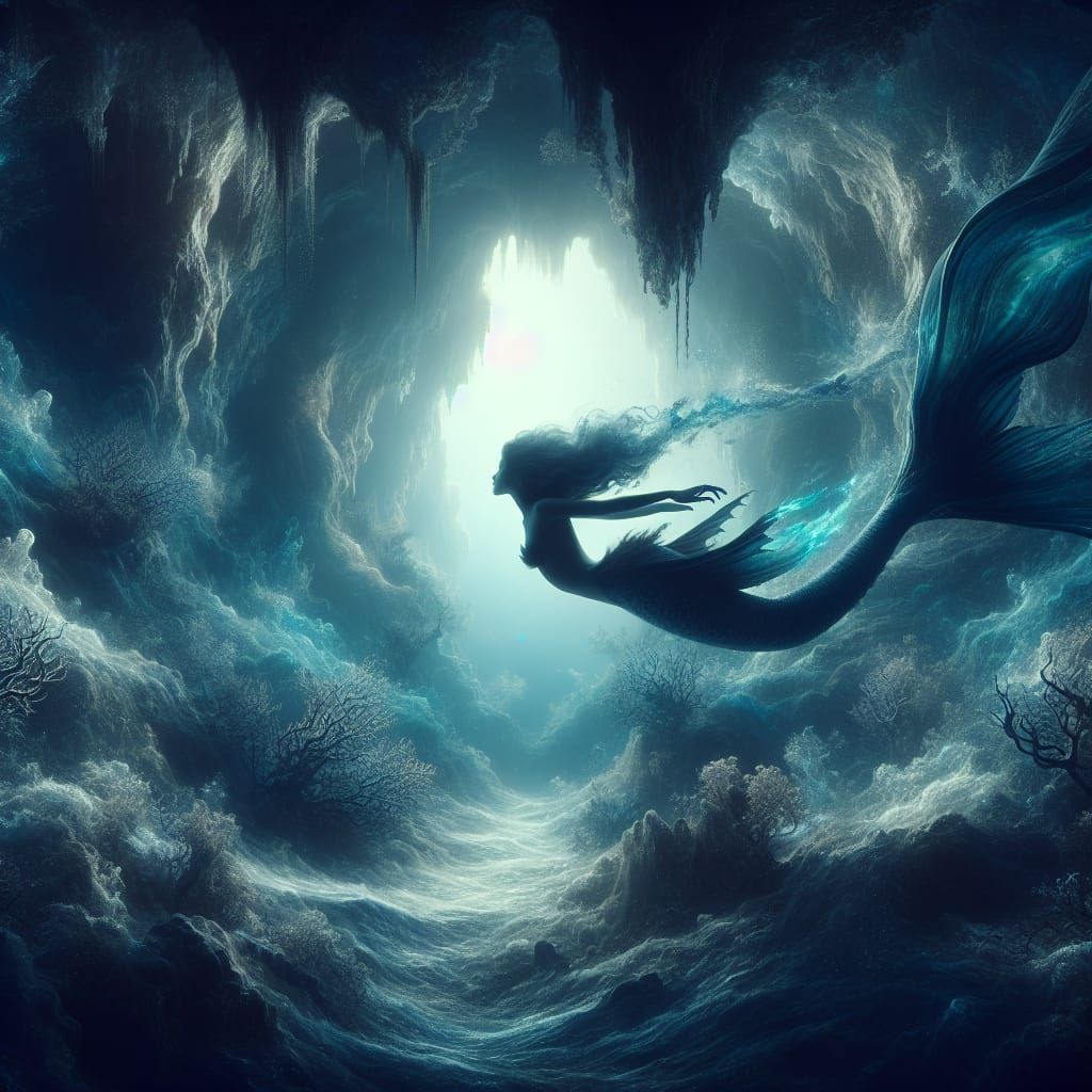 Regal Mermaid Dives Into Ethereal Underwater Cavern