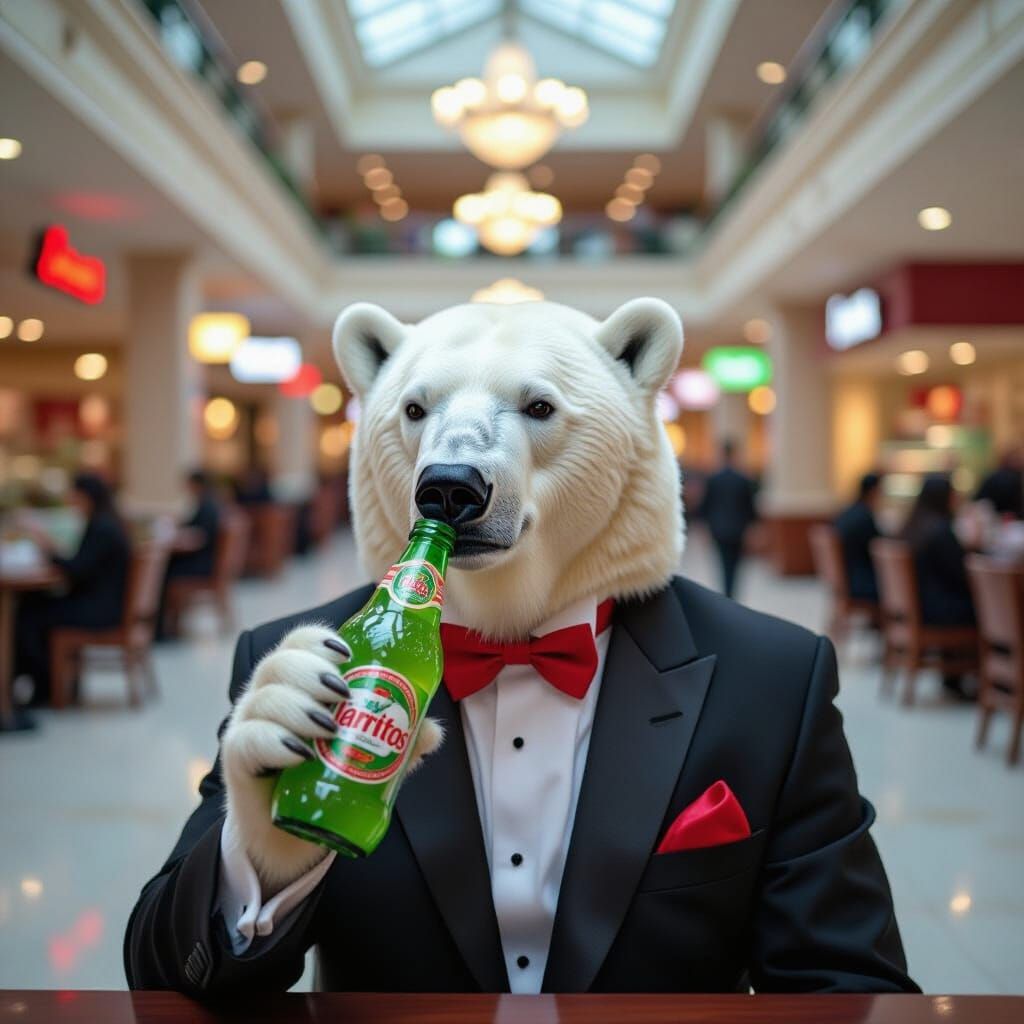Polar Bear in Tuxedo Sips Jarritos in Mall Food Court