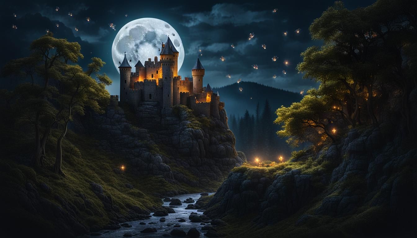Dark Fantasy Castle Landscape with Fireflies