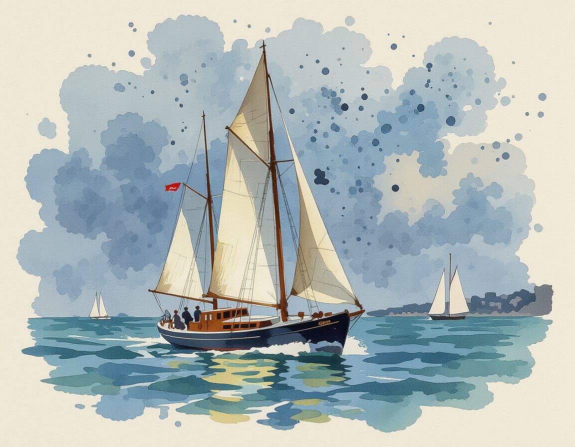 Sailing Boat Watercolor Illustration in Impressionistic Styl...