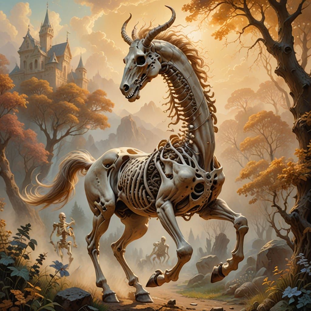 Skeletal Centaur Dances in Golden Mist