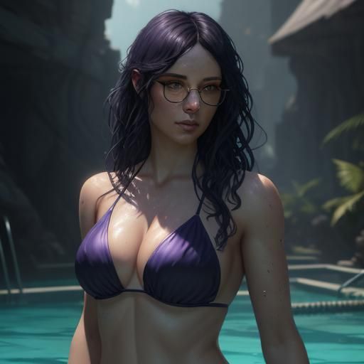 Glasses Girl at Pool in Dark Fantasy Style