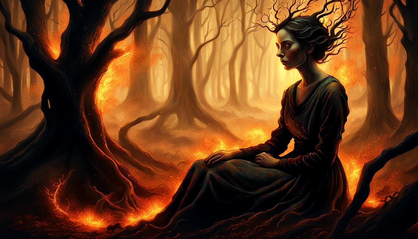 Mysterious Seated Woman in a Dark Forest of Golden Embers
