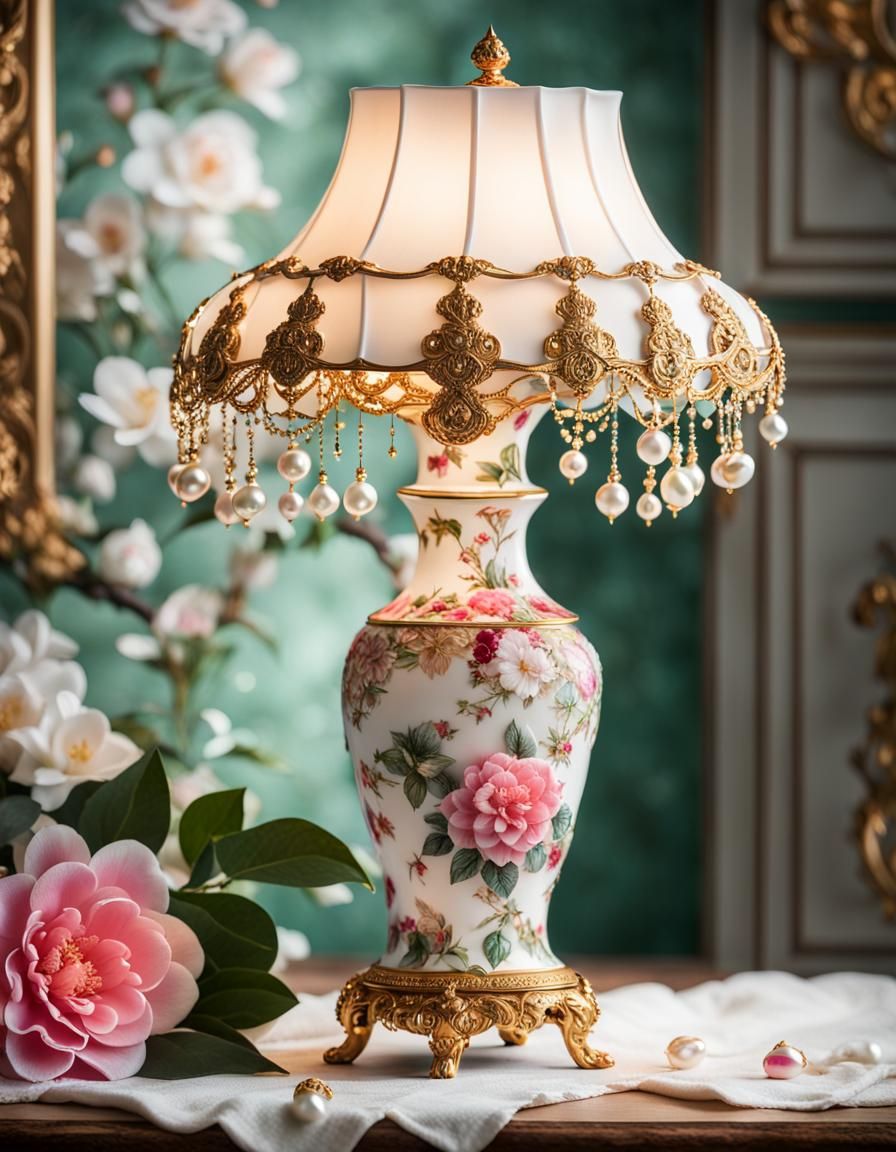 Rococo Lamp with Camellias and Jewels