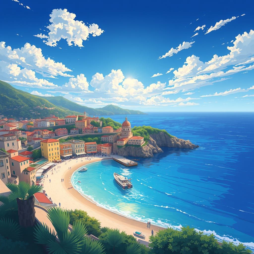 Vibrant Mediterranean Scene in Cel-Shaded Anime Style