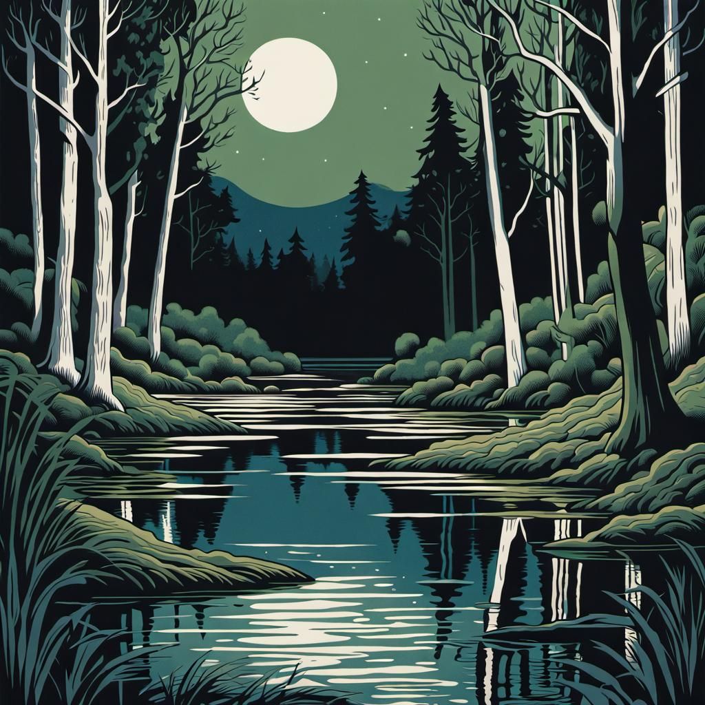 Flooded Woodland at Night in Art-Deco Woodcut Style