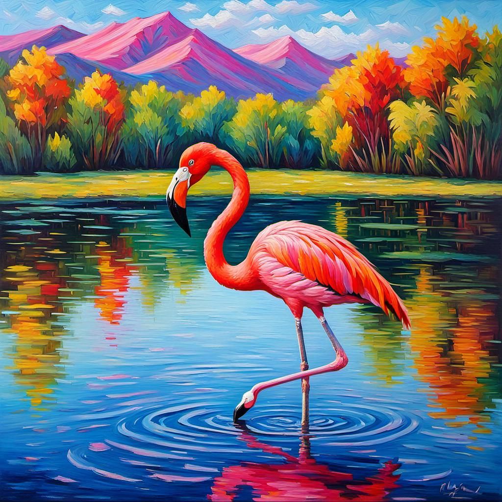 Pink Flamingo in Lake: Neo-Impressionist Oil Painting