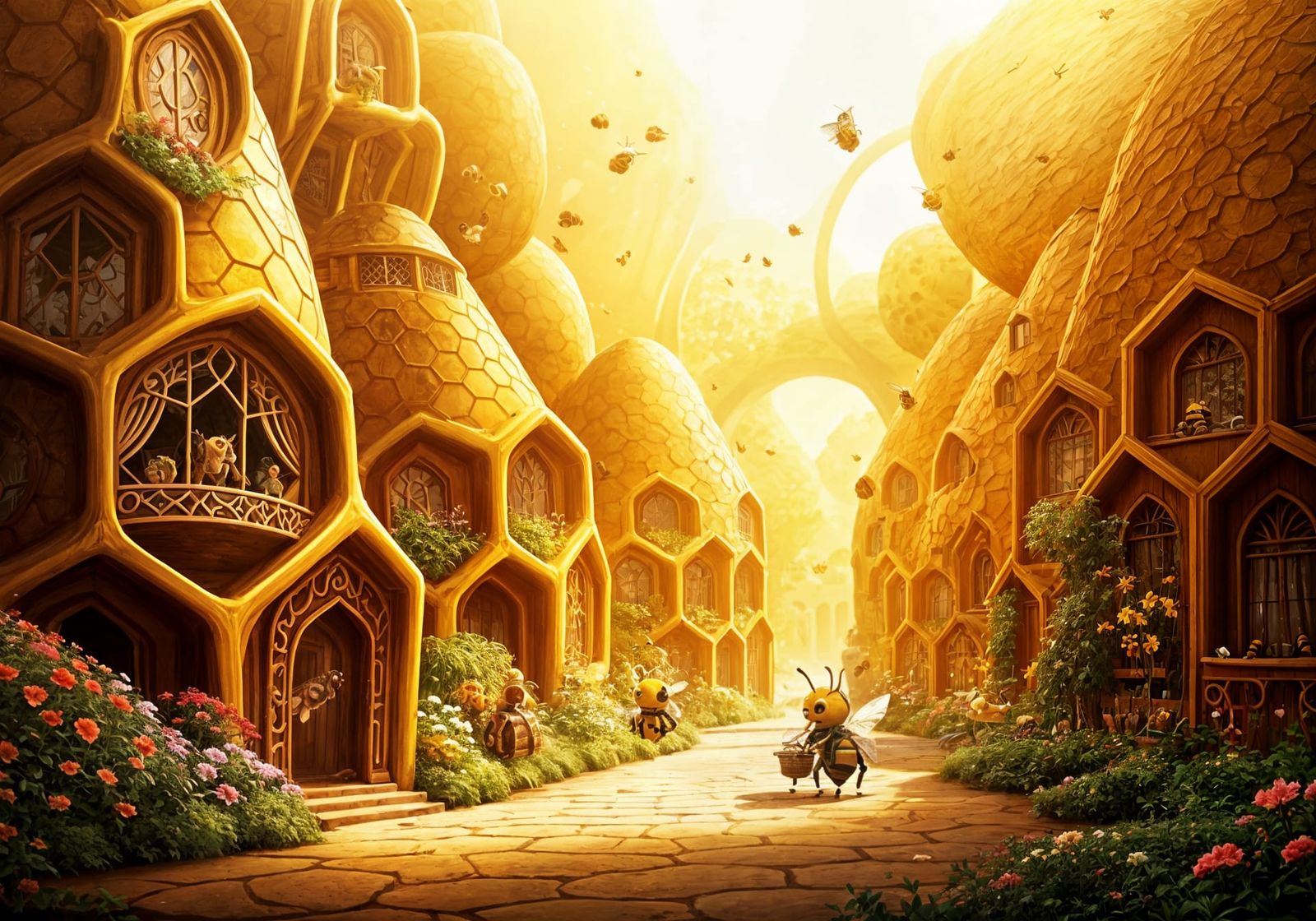 Whimsical Beehive City in Golden Honey Light