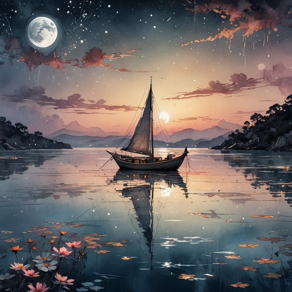 Moonlit Boat: Digital Watercolor Summerscape