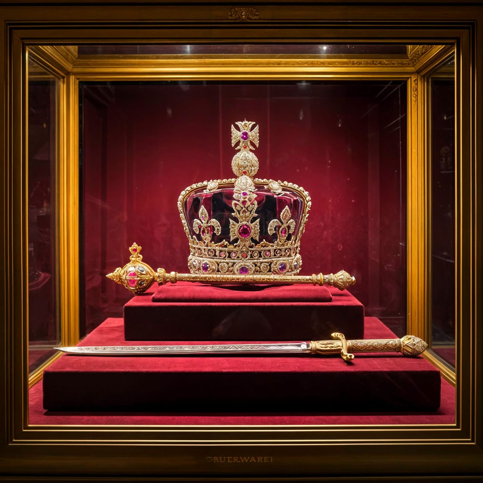 Luxurious Royal Crown and Regalia in a Glass Enclosed Case