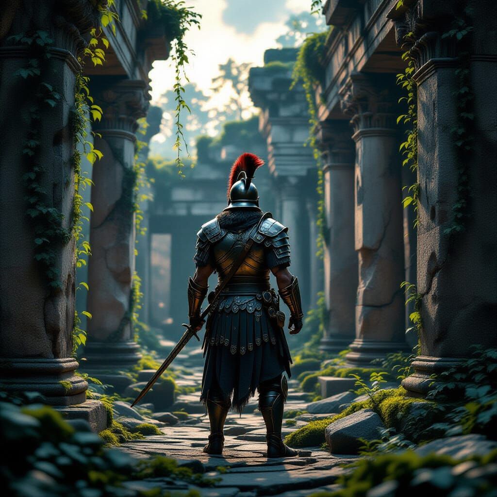 Centurion Warrior in Ruined Temple at Twilight