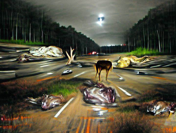 Hyperrealistic Dead Deer on Highway at Night