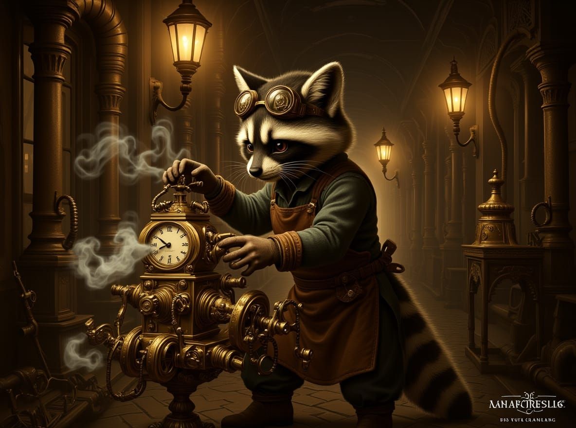 Raccoon Engineer Tinkering with Clockwork Device in Steampun...