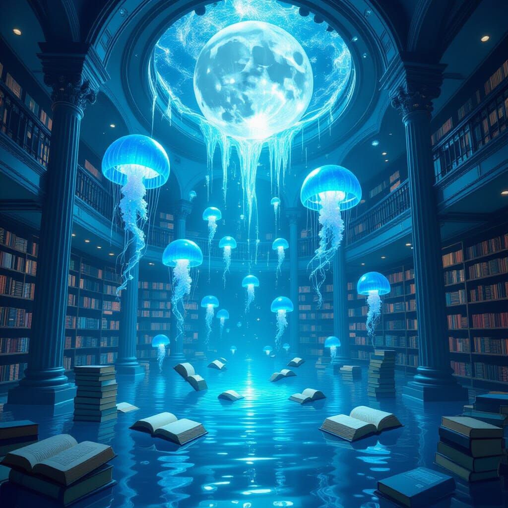 Submerged Library of Floating Books and Jellyfish