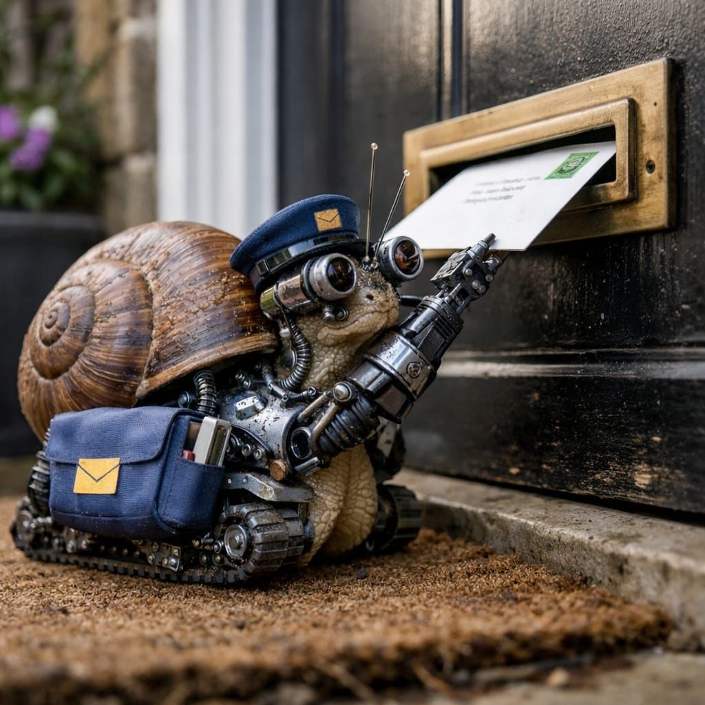 Realistic Photo of Snail Robot Delivering Mail