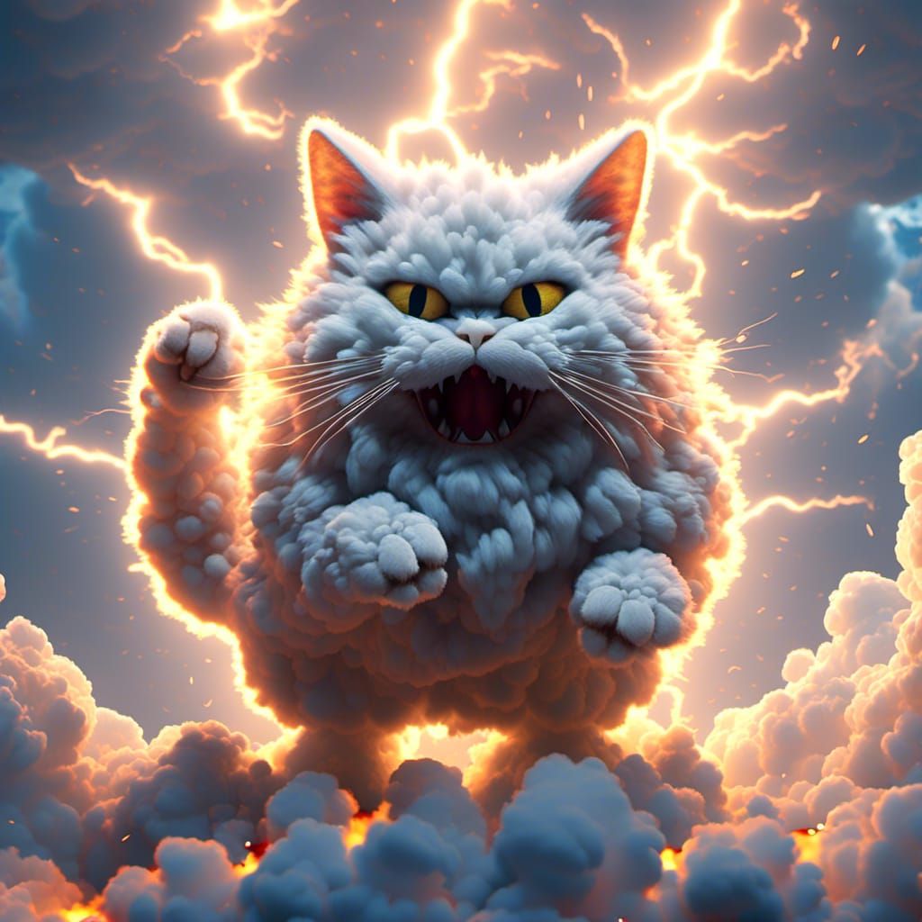 fluffy smoke cloud charging <lora:Cloud Animals:1.0>cute angry Fat Cat; lightning storm background