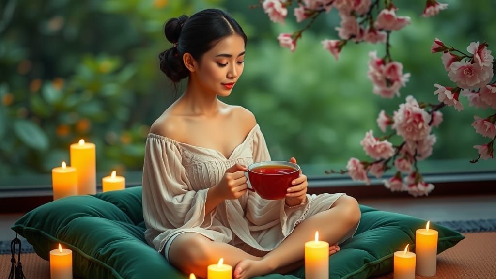 Asian Woman in Serene Natural Setting