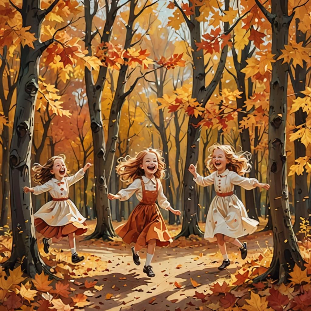 Joyful Faces Dancing in Autumn Forest