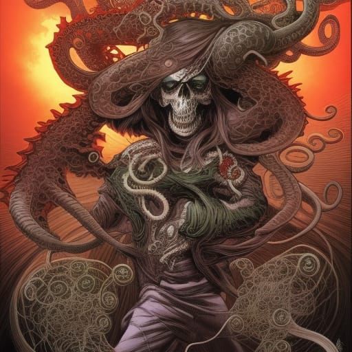 Grisly Skull Brain with Tentacles, Comic Book Art