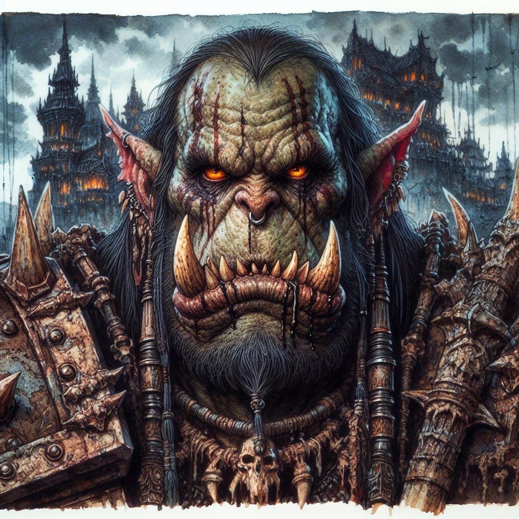 Gothic Orc Warrior in Dark Romantic Castle Landscape