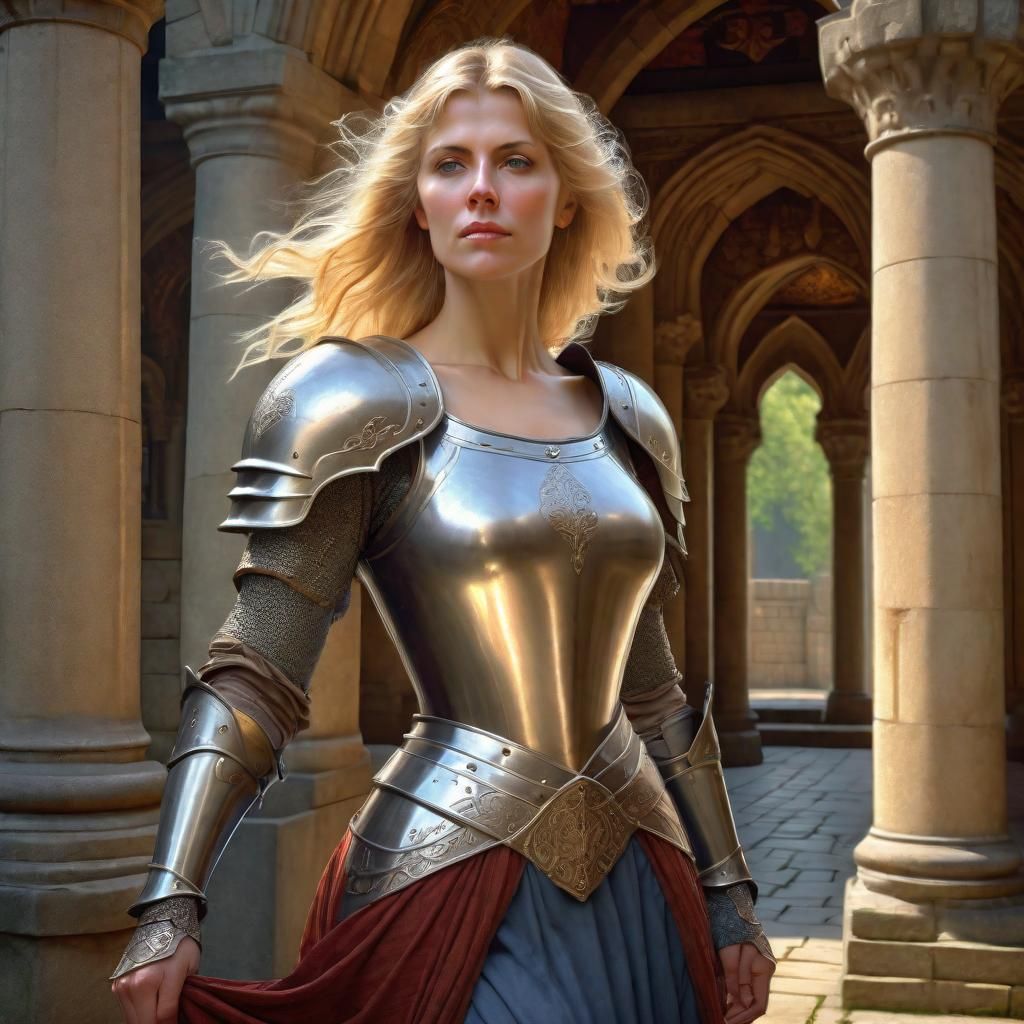 Armored Woman Portrait in Medieval Temple, Photorealistic