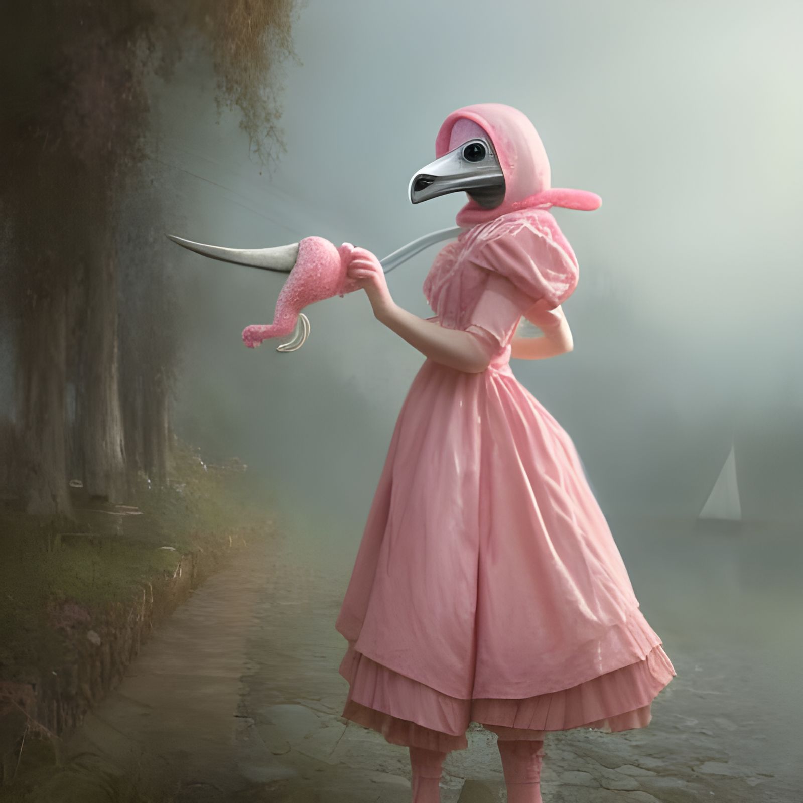 Pink Plague Doctor Girl in Dark Fantasy Style