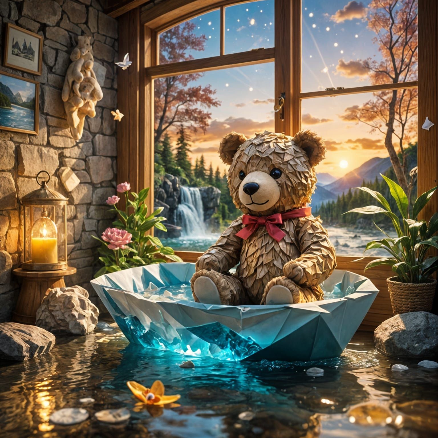 Teddy Bear's Sunset Voyage in Cozy Bedroom