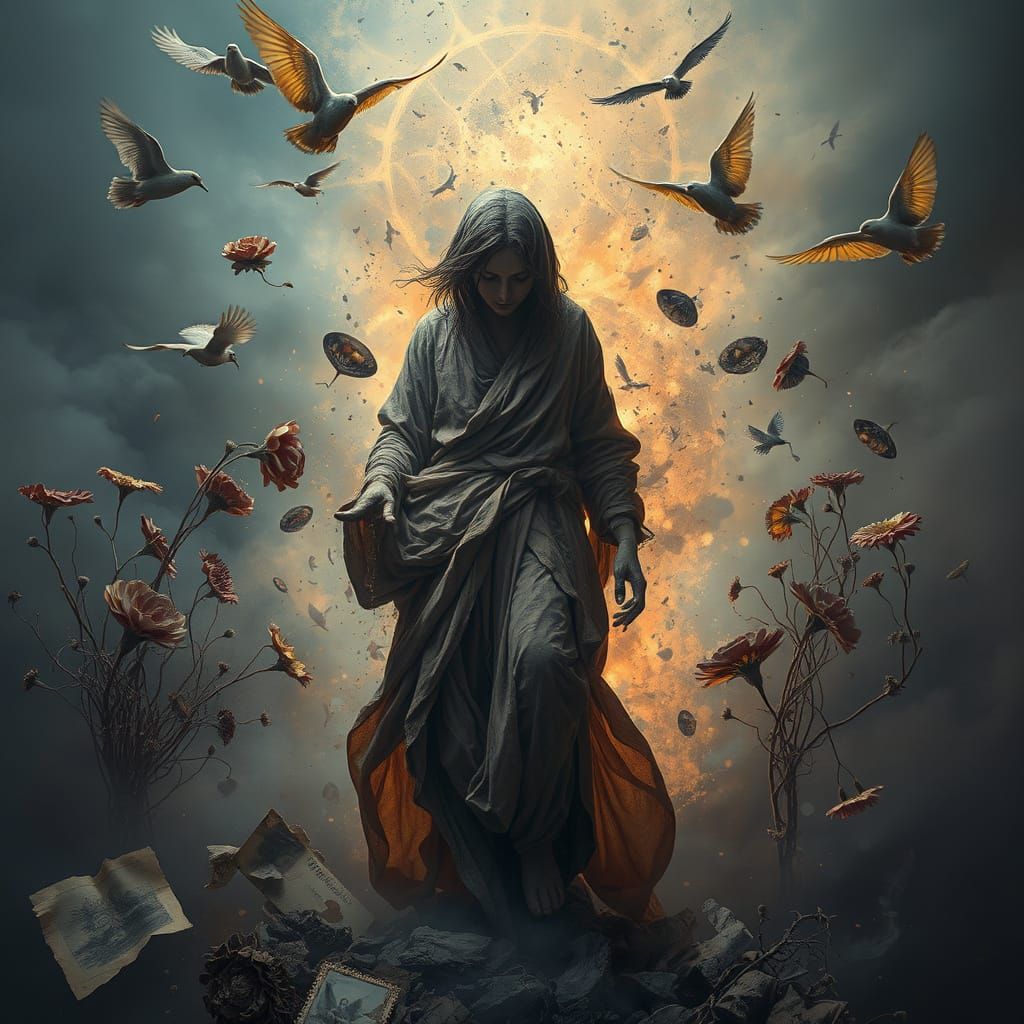 Figure Dissolving into Ash in Dreamlike Setting